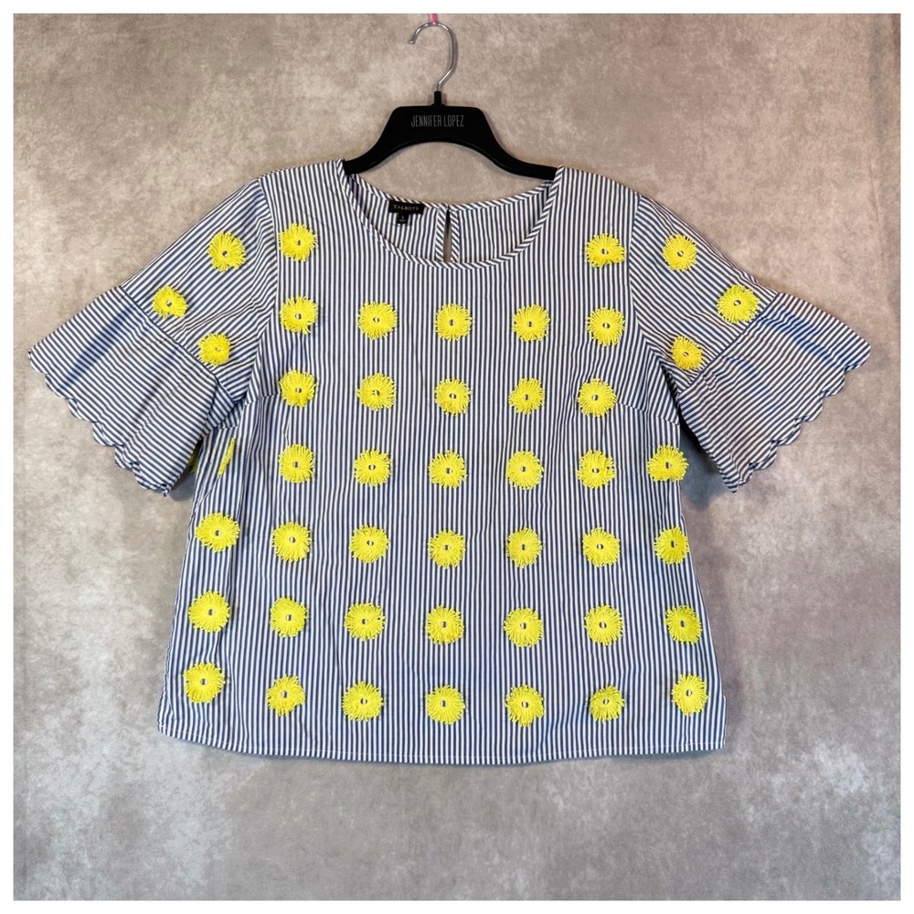 Talbots Striped Blouse Large Blue White Yellow Fringe PomPom Flower Bell Sleeve